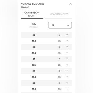 Versace Women Shoe Size Charts/Guide/Conversion